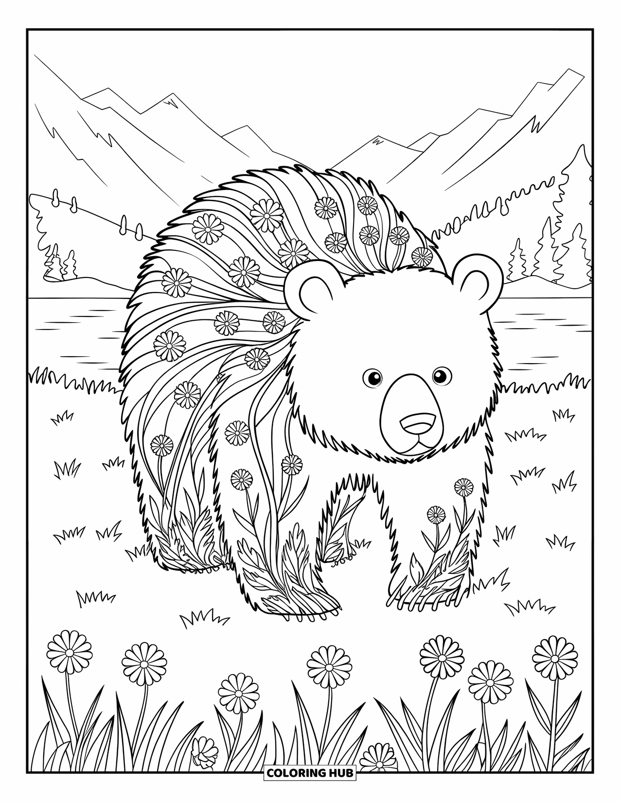 Bear Coloring Page for Adults: A bear with floral patterns stands on grass amid mountains, a lake, and trees