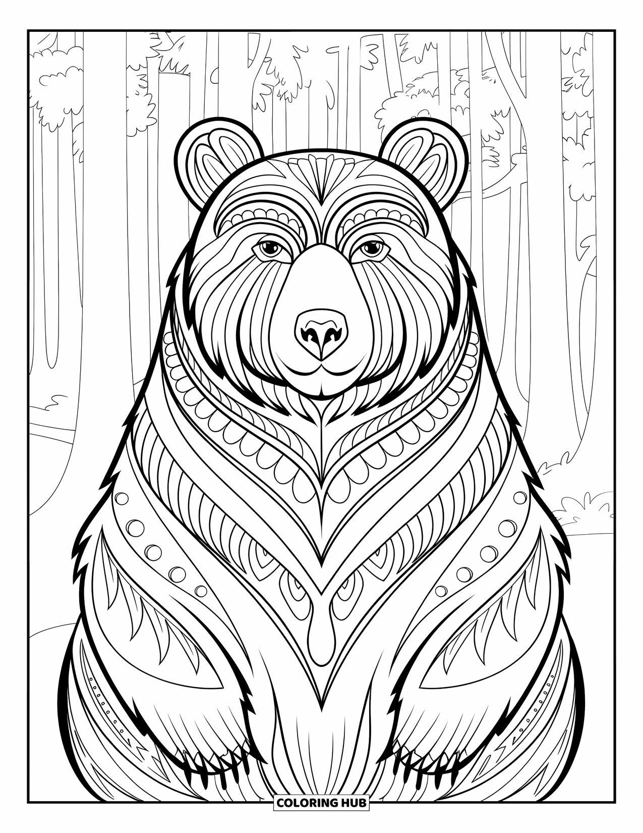 Bear Coloring Page for Adults: A bear with intricate tribal patterns sits upright in a dense, meditative forest