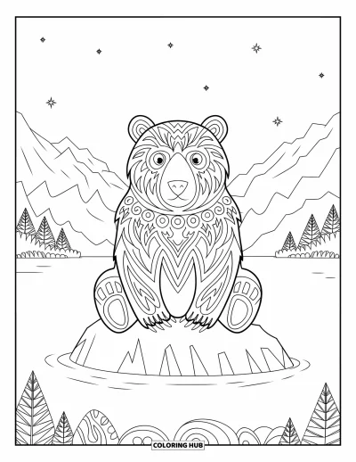 Desen de colorat cu urși pentru adulți: Un urs cu modele tribale stă pe o stâncă într-un lac, lângă munți