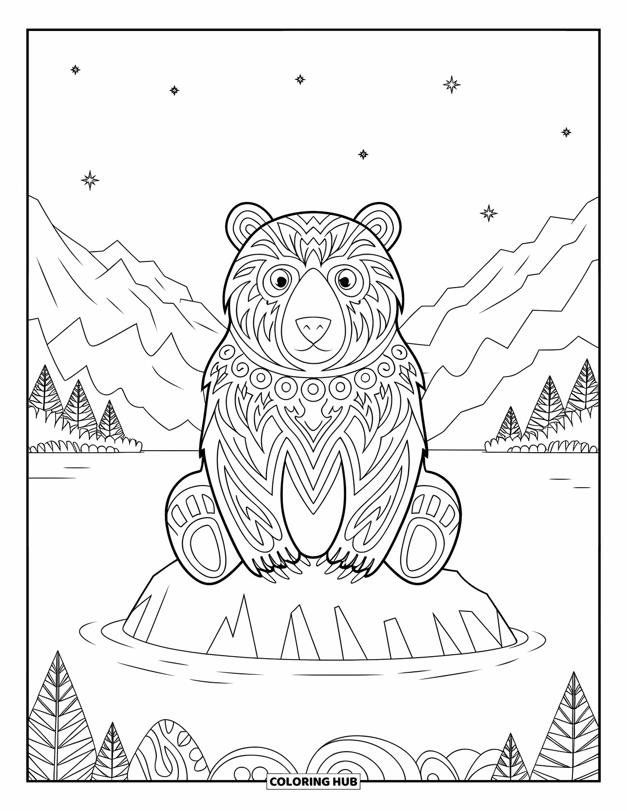 Bear Coloring Page for Adults: A bear with tribal patterns sits on a rock in a lake beside mountains