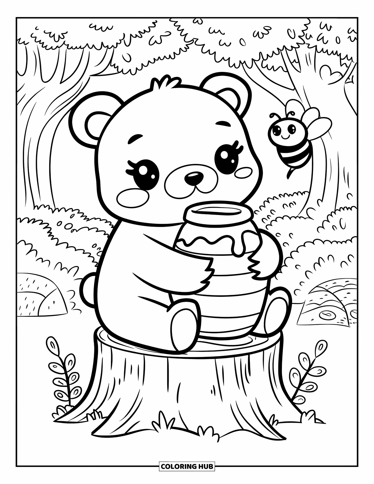 Bear Coloring Page for Adults: A cute bear sits on a tree stump hugging a honey jar