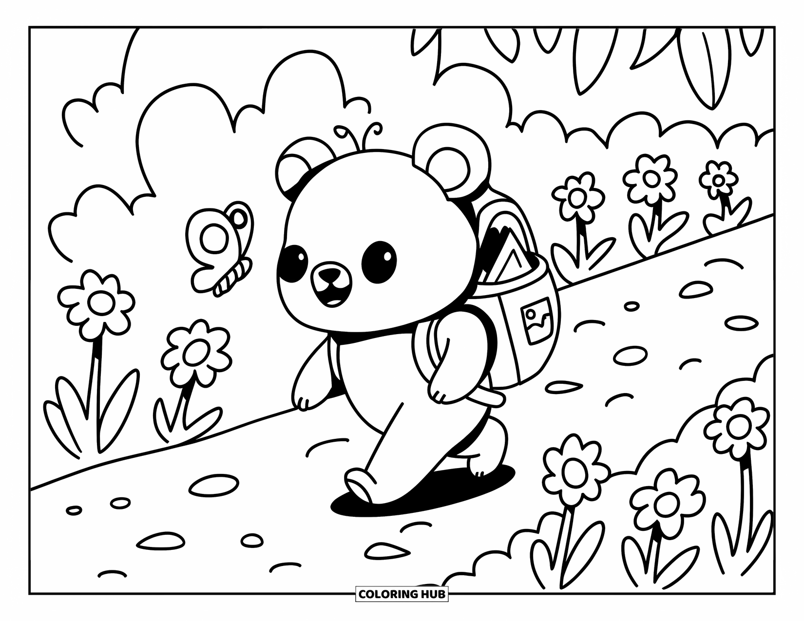 Bear Coloring Page for Adults: A kawaii bear with a tiny backpack walks a flower path with a butterfly
