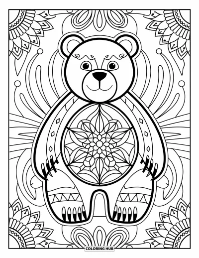 Desen de colorat cu urși pentru adulți: Un urs în stil mandala, cu modele simetrice, este încadrat de elemente artistice elaborate