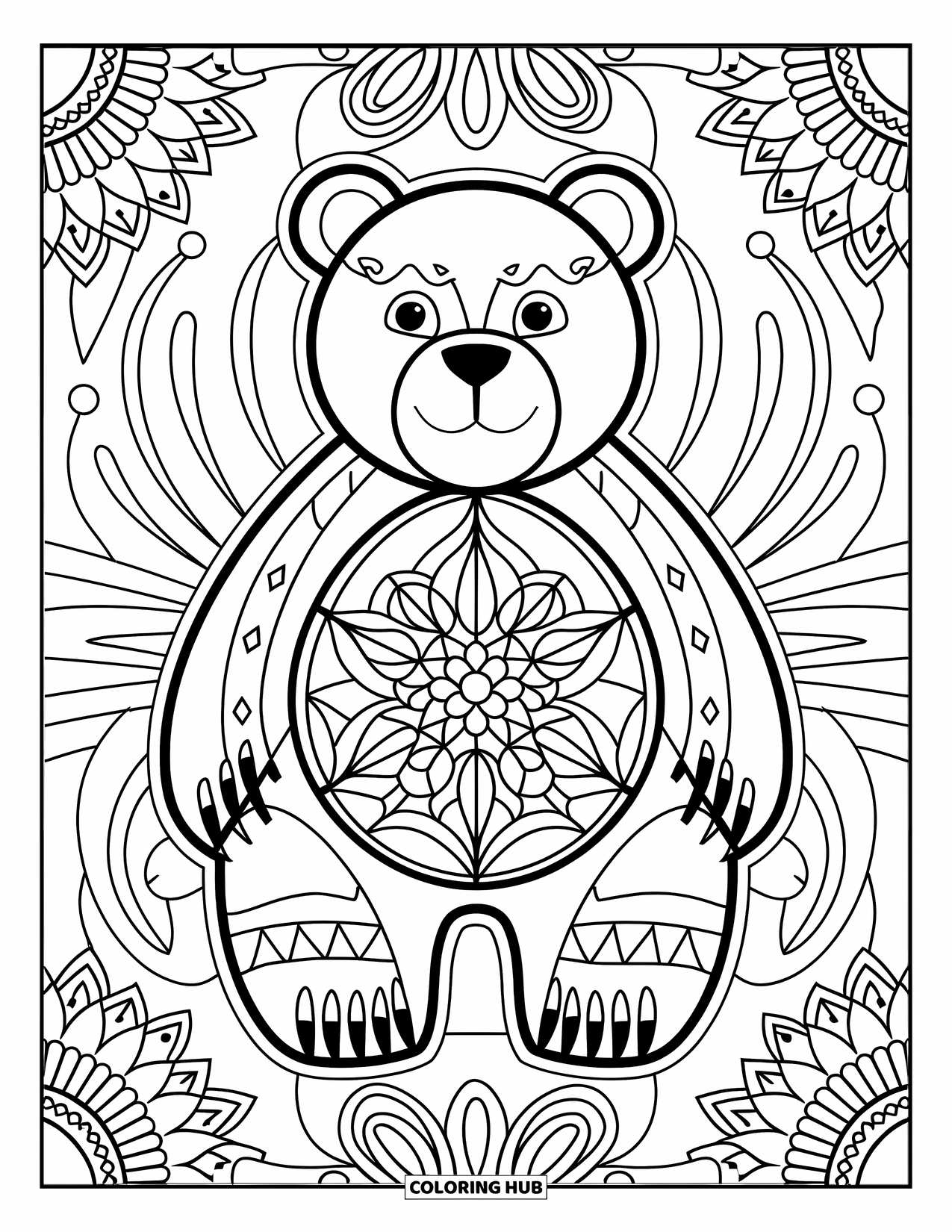 Bear Coloring Page for Adults: A mandala-style bear with symmetrical patterns is set against intricate artistic elements