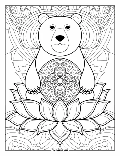 Desen de colorat cu urși pentru adulți: Un urs în stil mandala, cu modele simetrice, stă pe o floare de lotus printre volute