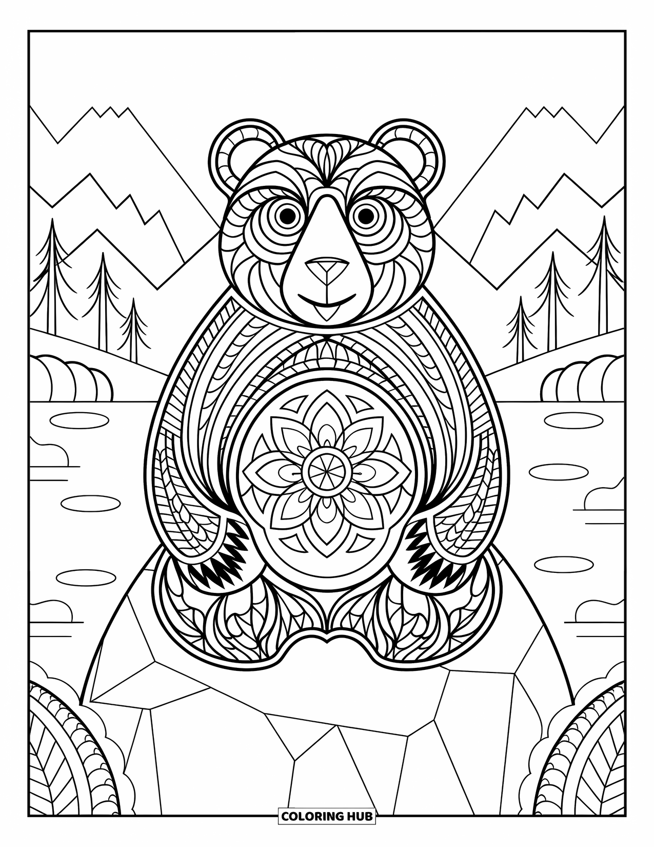 Bear Coloring Page for Adults: A mandala-style bear with symmetrical patterns sits on a rock amid a serene landscape