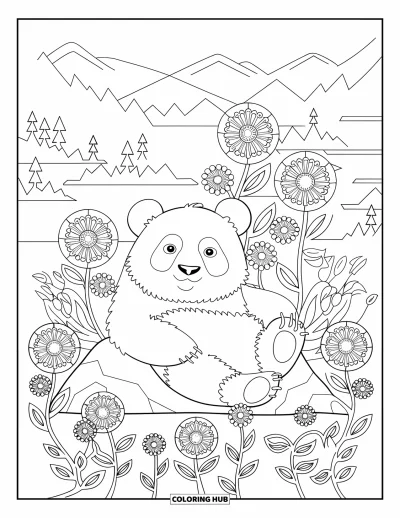 Desen de colorat cu urși pentru adulți: Un panda se odihnește pe o stâncă printre modele florale delicate, într-un peisaj senin