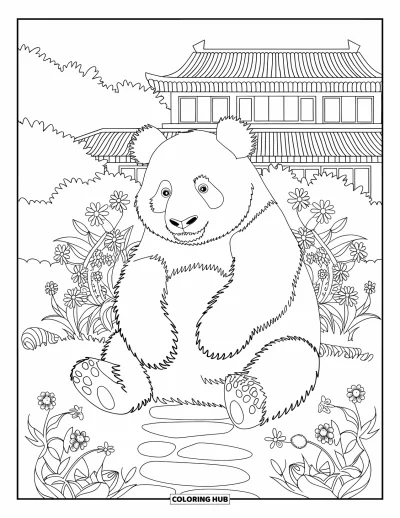 Desen de colorat cu urși pentru adulți: Un panda stă într-o grădină florală, cu o alee de piatră și o clădire chinezească