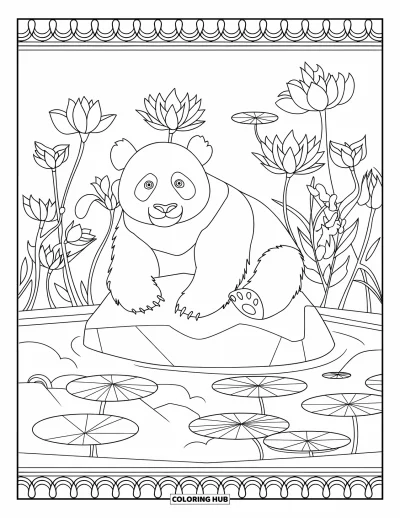 Desen de colorat cu urși pentru adulți: Un panda stă pe o stâncă într-un iaz cu lotuși, înconjurat de modele florale
