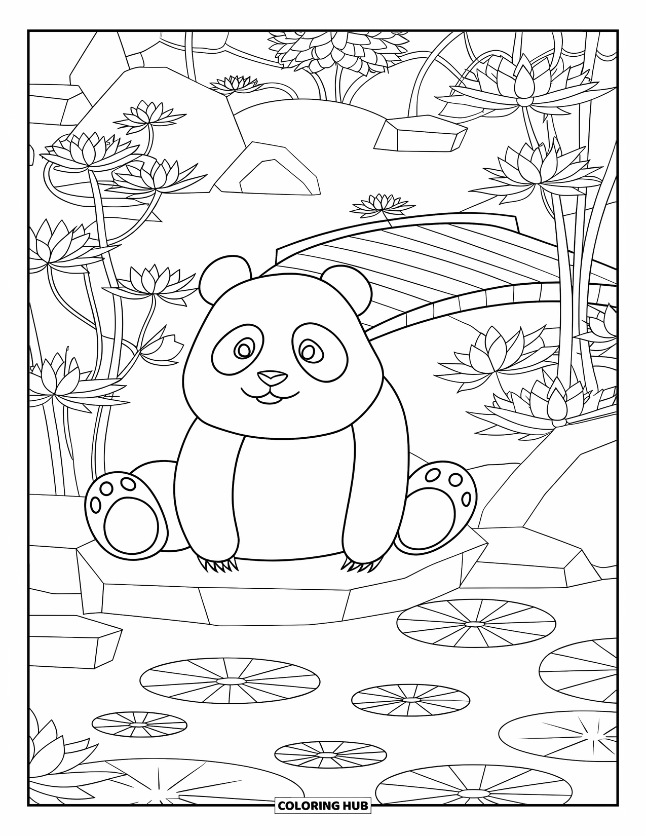 Bear Coloring Page for Adults: A panda sits on a stone beside a lotus pond in a Japanese garden