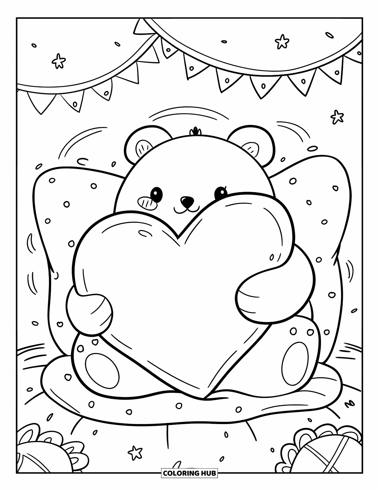 Bear Coloring Page for Adults: A plump bear embraces a heart pillow amid stars and ribbons