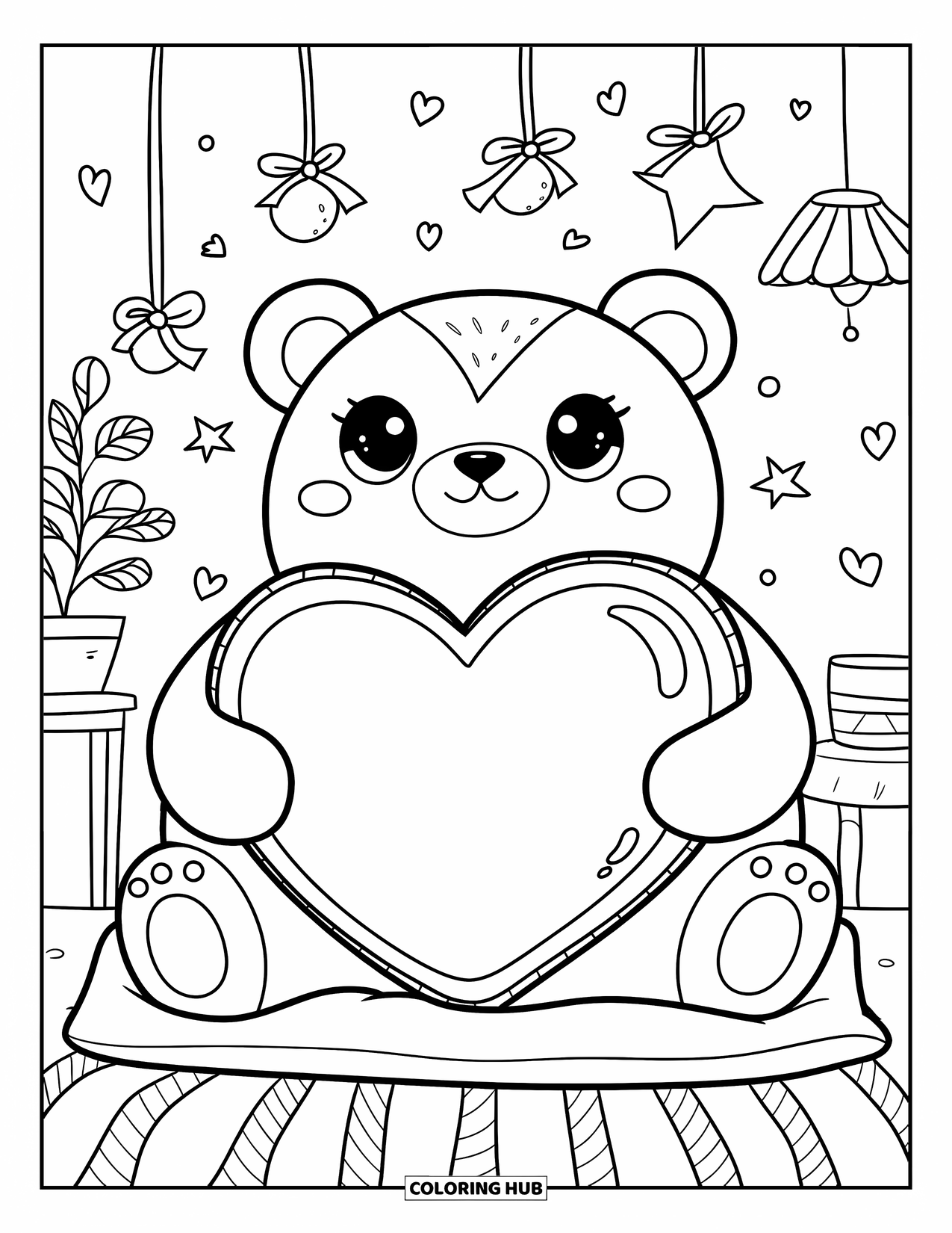 Bear Coloring Page for Adults: A plump bear holds a heart pillow in a cozy room with a lamp