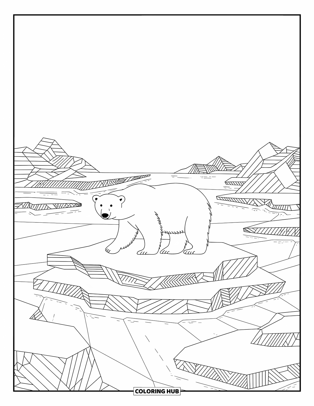Bear Coloring Page for Adults: A polar bear stands on an ice platform amid a patterned landscape with mountains