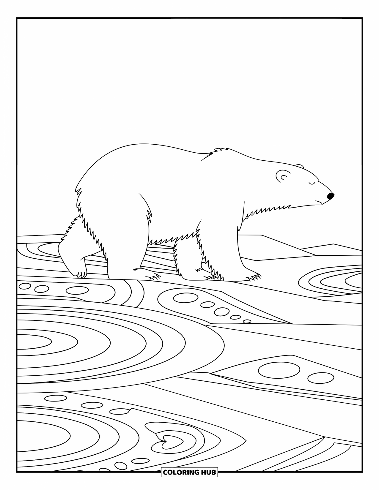 Bear Coloring Page for Adults: A polar bear walks on icy ground with intricate patterns under a flat sky