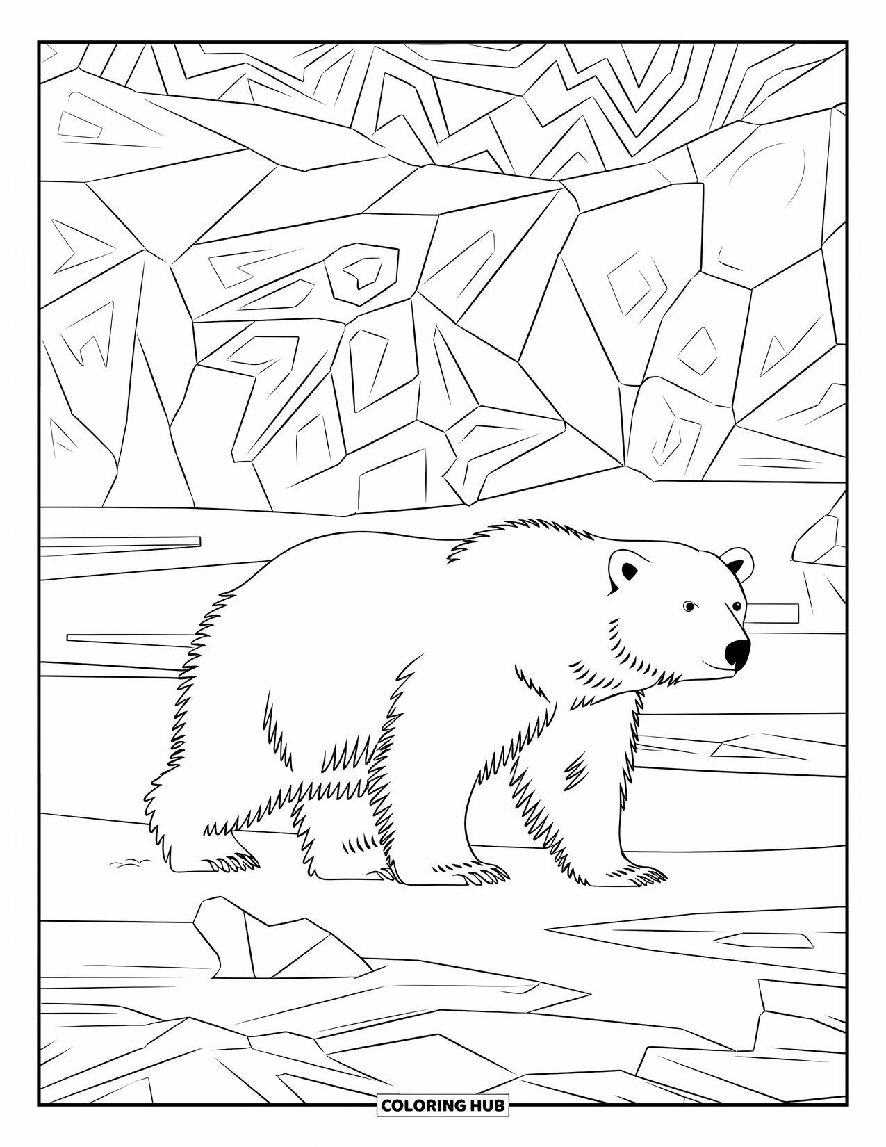 Bear Coloring Page for Adults: A polar bear walks on icy terrain with intricate patterns in a detailed landscape