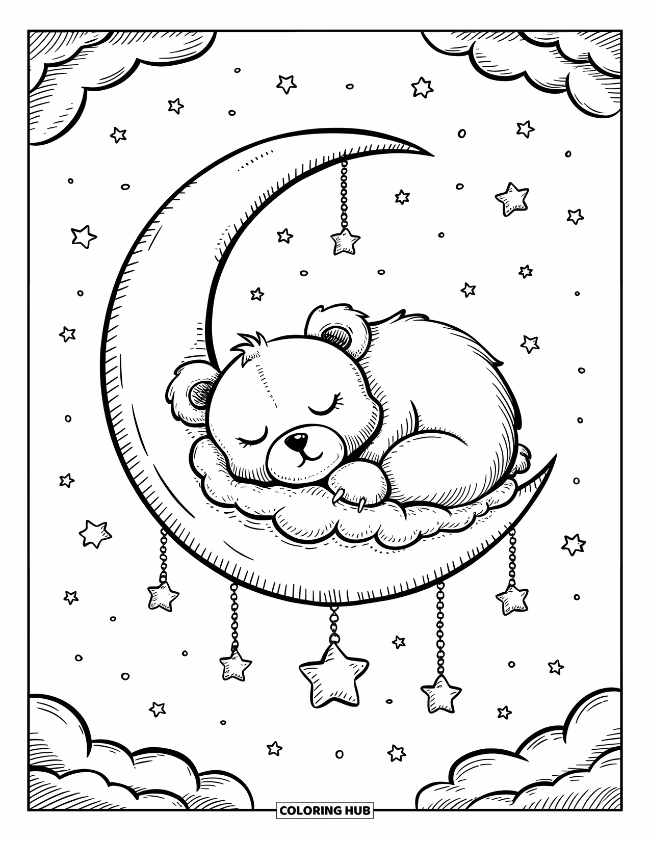 Bear Coloring Page for Adults: A sleepy bear curls on a crescent moon with a dangling star charm