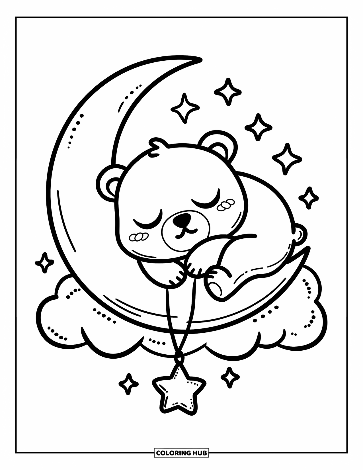 Bear Coloring Page for Adults: A sleepy bear on a crescent moon holds a dangling star charm