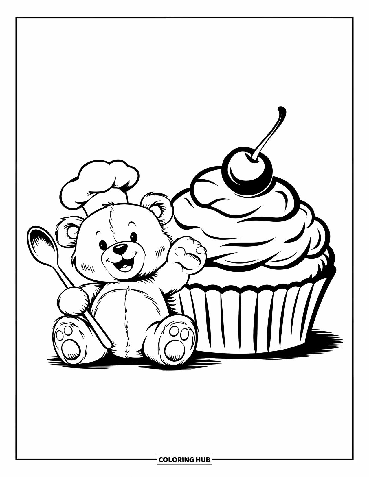 Bear Coloring Page for Adults: A teddy bear in a chef's hat sits beside a cupcake holding a spoon