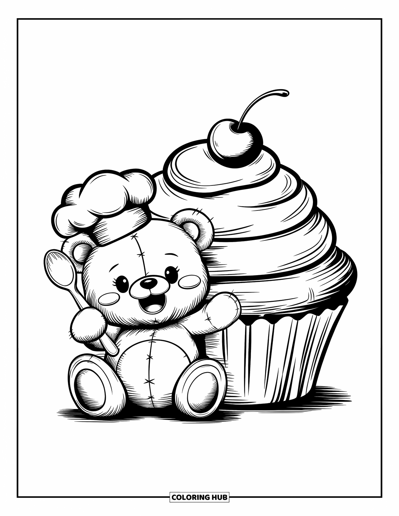 Bear Coloring Page for Adults: A teddy bear in a chef's hat sits beside a cupcake topped with swirls