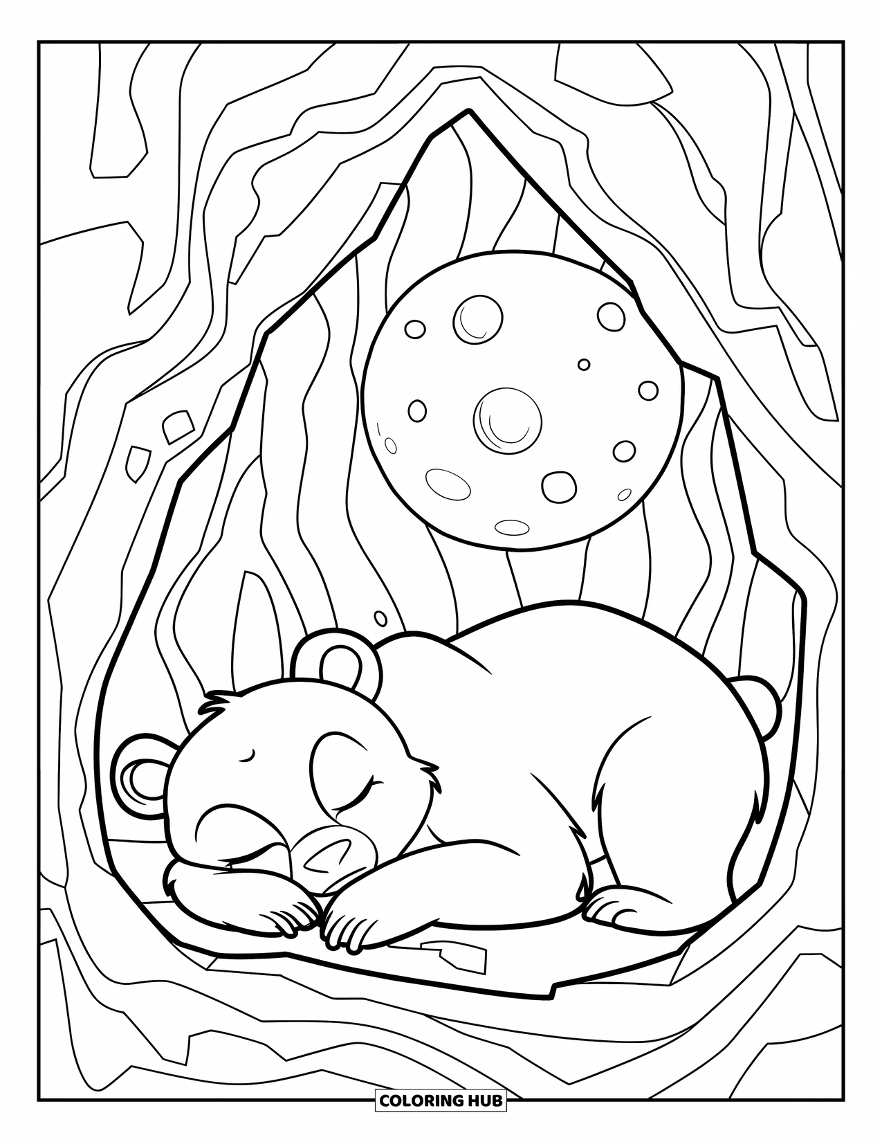 Bear Coloring Page for Kids: A baby bear sleeps in a cozy cave beneath a large cratered moon