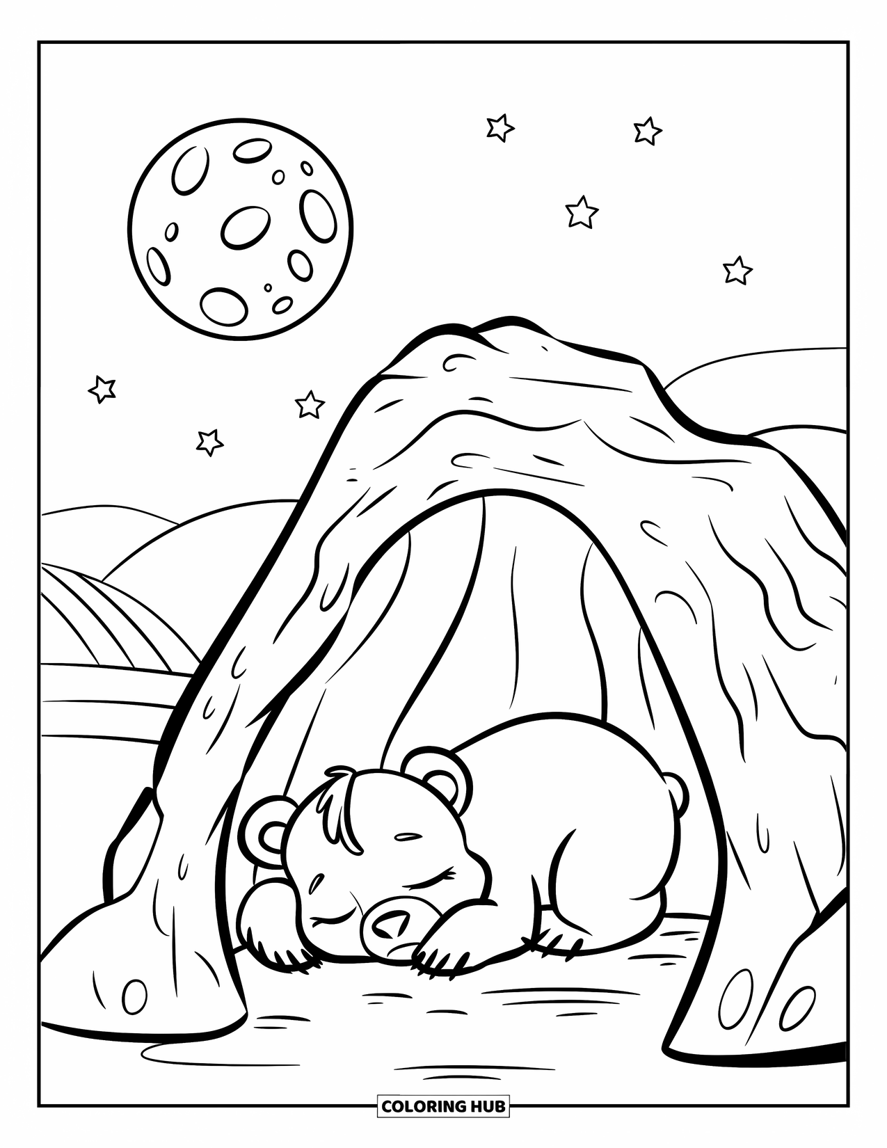 Bear Coloring Page for Kids: A baby bear sleeps in a cozy cave on hill beneath moon and stars