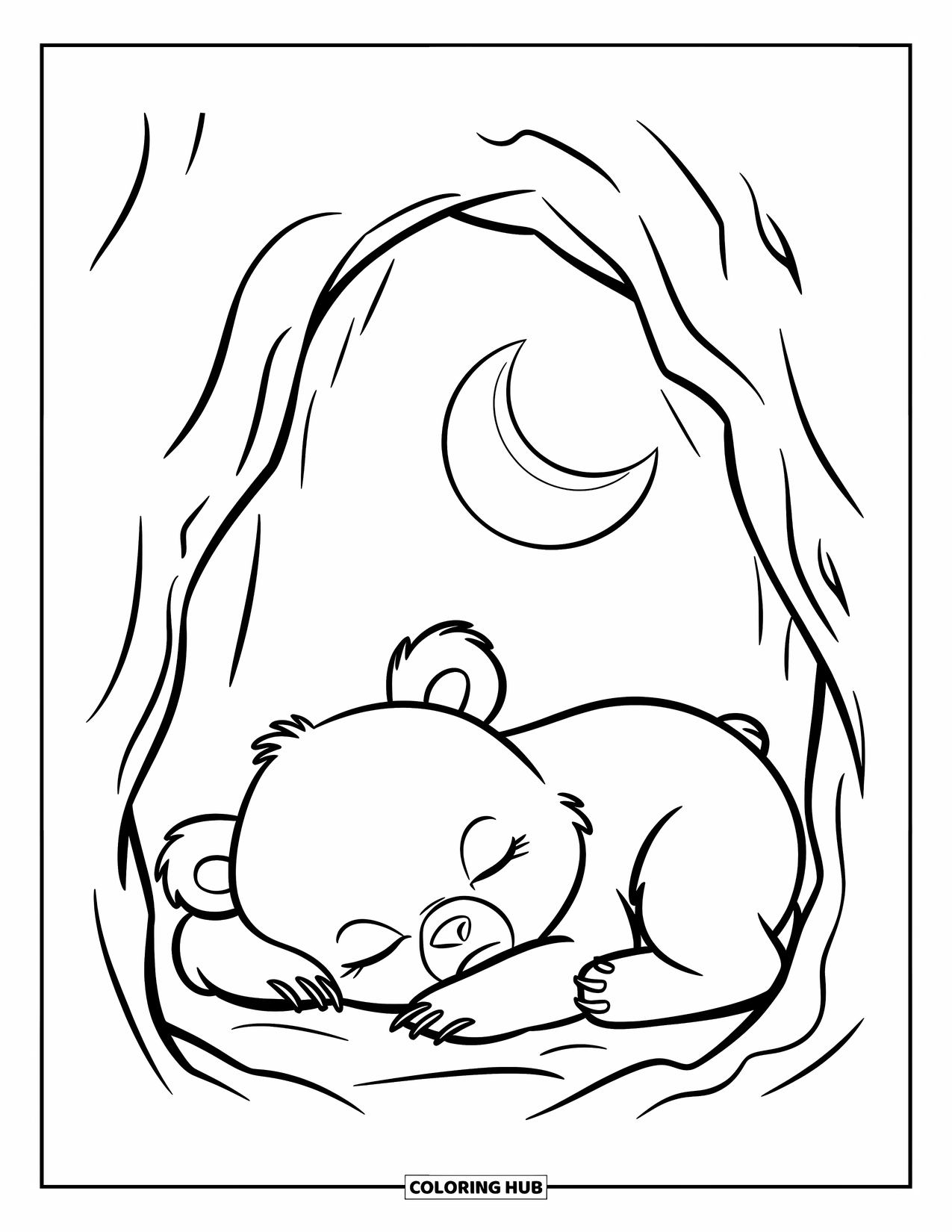 Bear Coloring Page for Kids: A baby bear sleeps in a cozy cave under a crescent moon