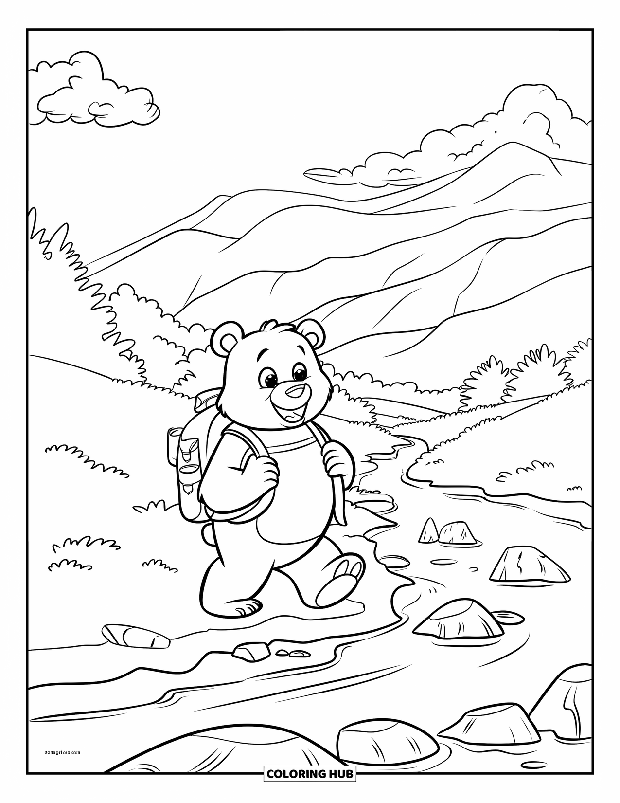 Bear Coloring Page for Kids: A backpacked bear steps across a river, surrounded by towering mountains