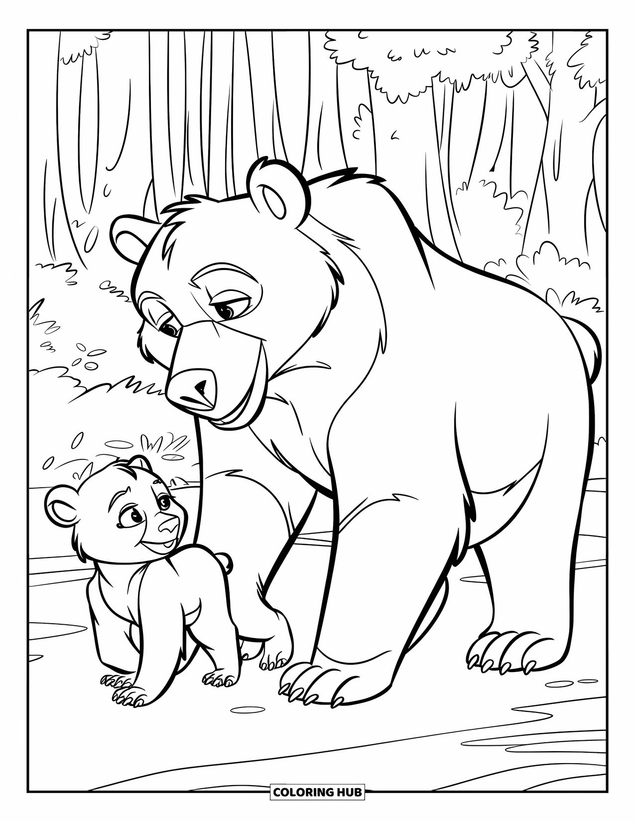 Bear Coloring Page for Kids: A bear and its cub stroll through the woods, enjoying the quiet surroundings