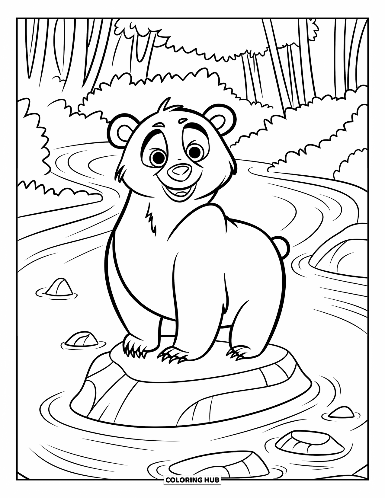 Bear Coloring Page for Kids: A bear balances on a rock in the river, enjoying the peaceful forest around it