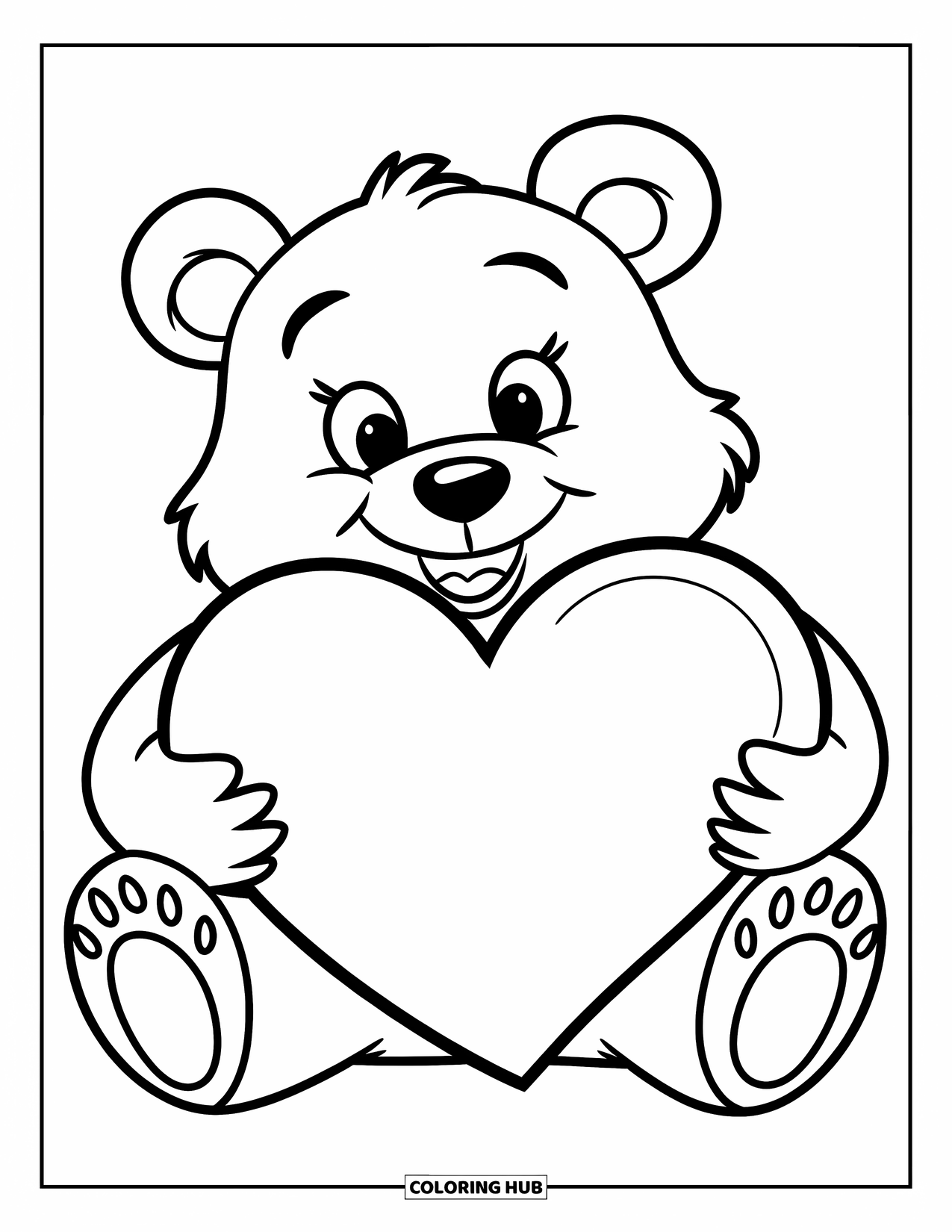 Bear Coloring Page for Kids: A bear holds a heart as large as itself while sitting down