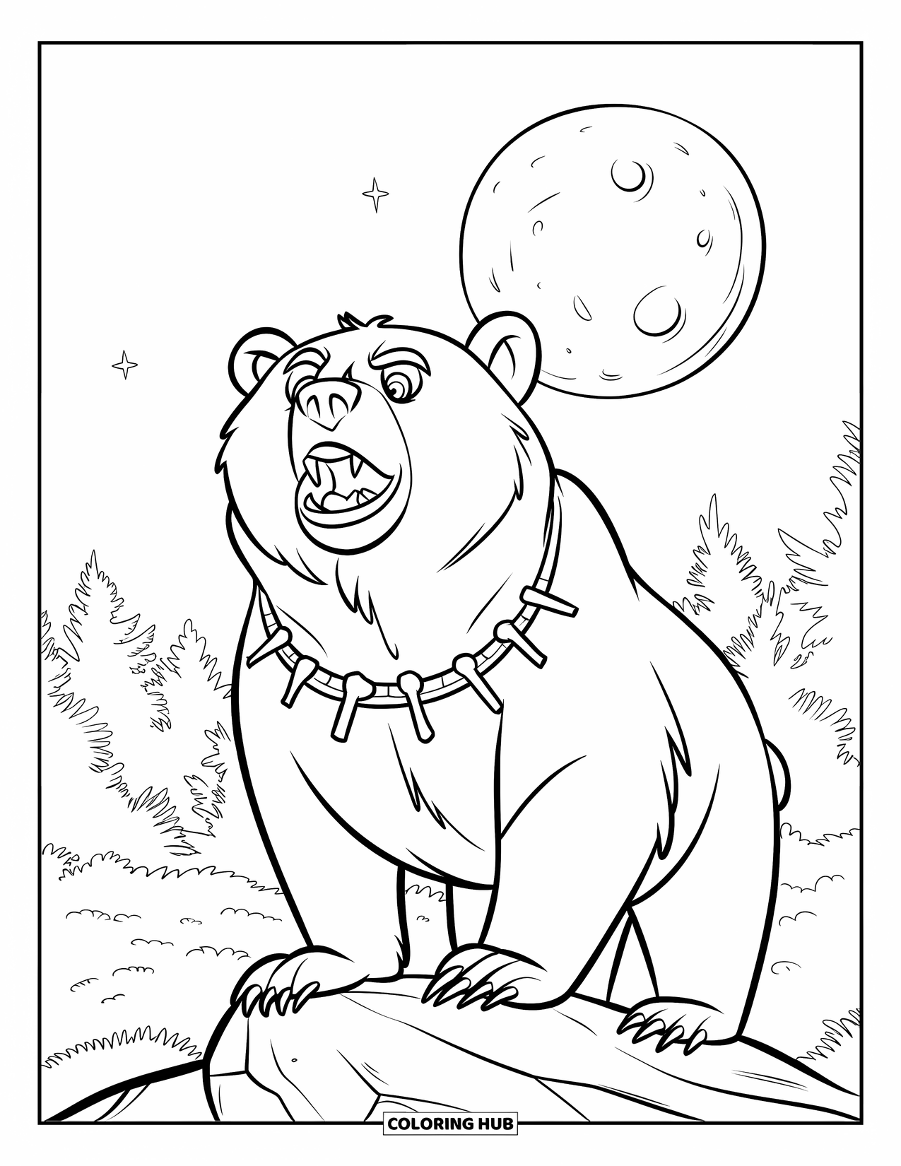 Bear Coloring Page for Kids: A bear howls at the full moon, standing on a rock in the forest