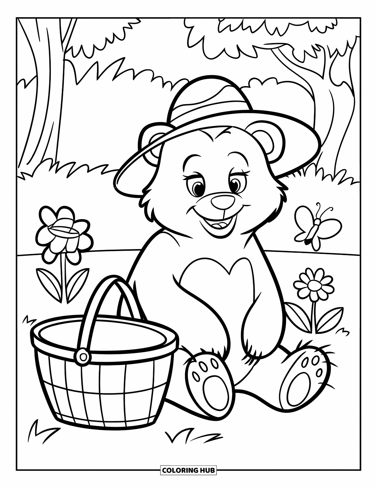 Bear Coloring Page for Kids: A bear in a hat sits on grass beside flowers and a butterfly