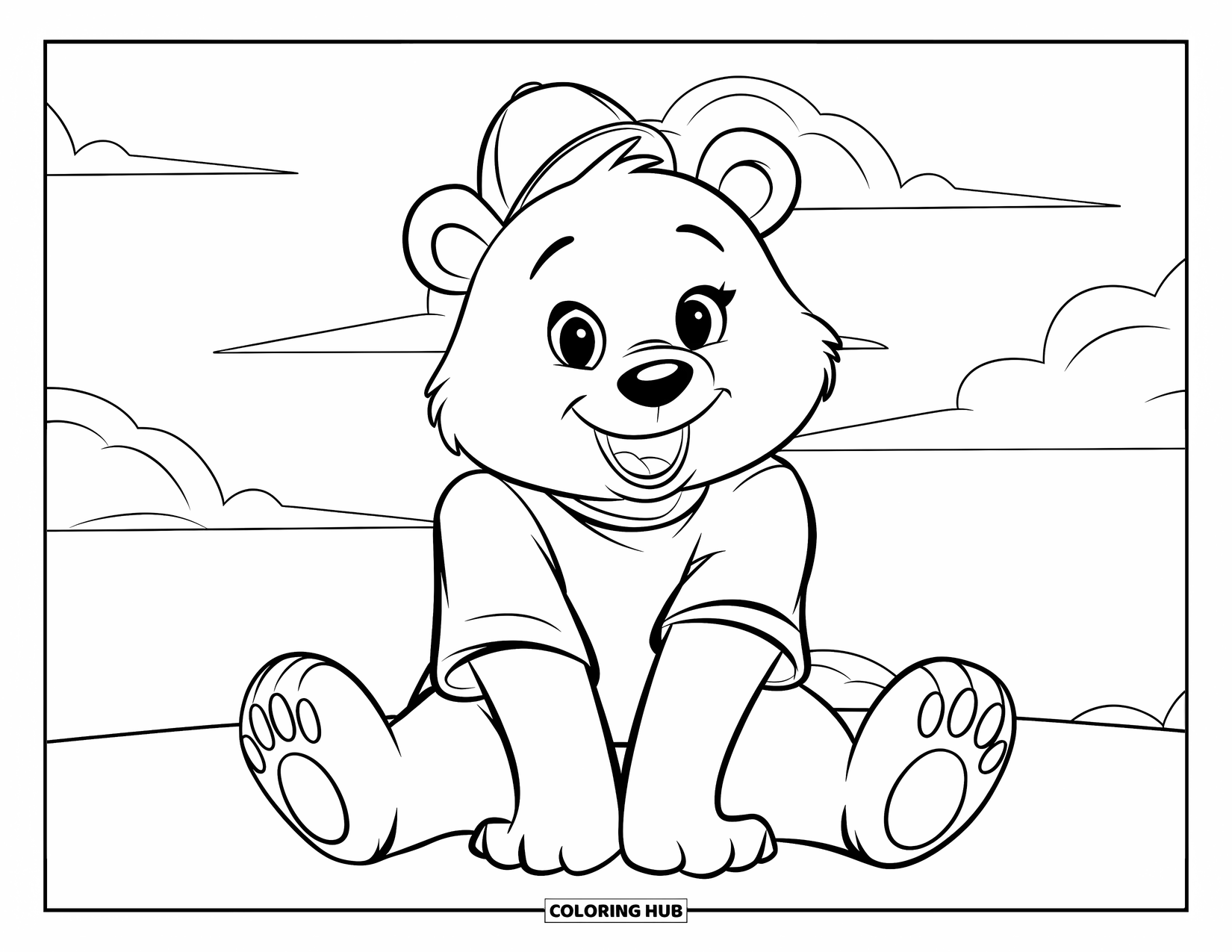 Bear Coloring Page for Kids: A bear in a red shirt and blue hat sits under a cloudy sky