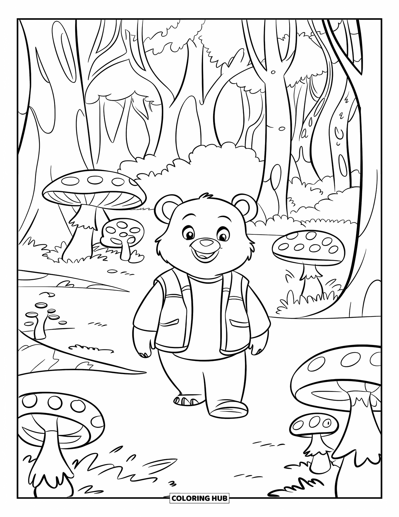Bear Coloring Page for Kids: A bear in a vest and hat wanders along a path through a dense forest