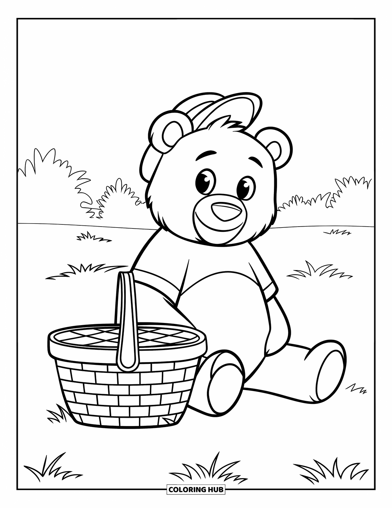 Bear Coloring Page for Kids: A bear in red and green sits on grass with a checkered picnic basket