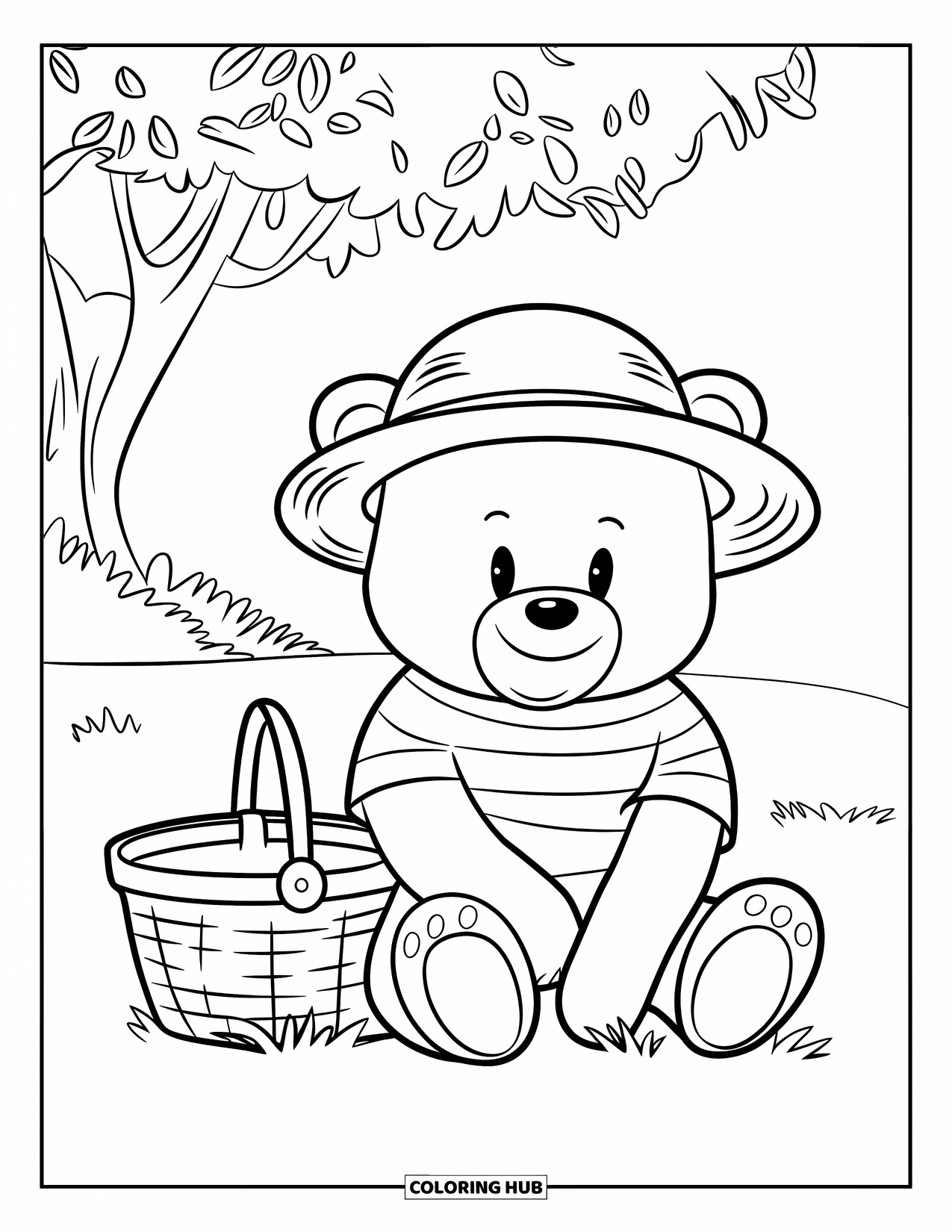 Bear Coloring Page for Kids: A bear in straw hat and striped shirt sits on grass by a tree