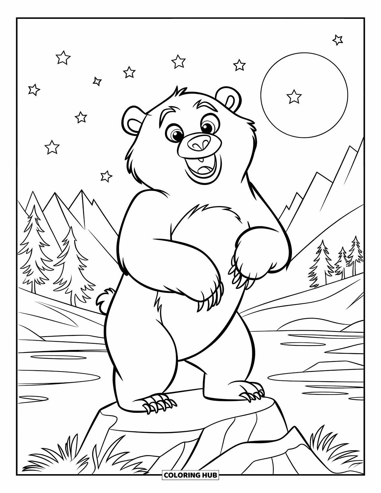 Bear Coloring Page for Kids: A bear lifts its head and howls at the moon, surrounded by nature