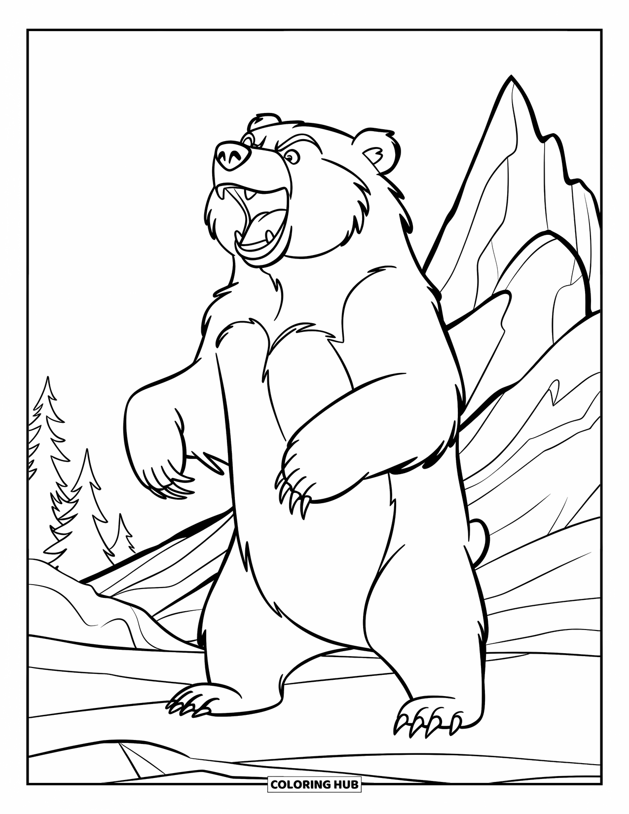 Bear Coloring Page for Kids: A bear rises tall, roaring against the backdrop of rugged mountains