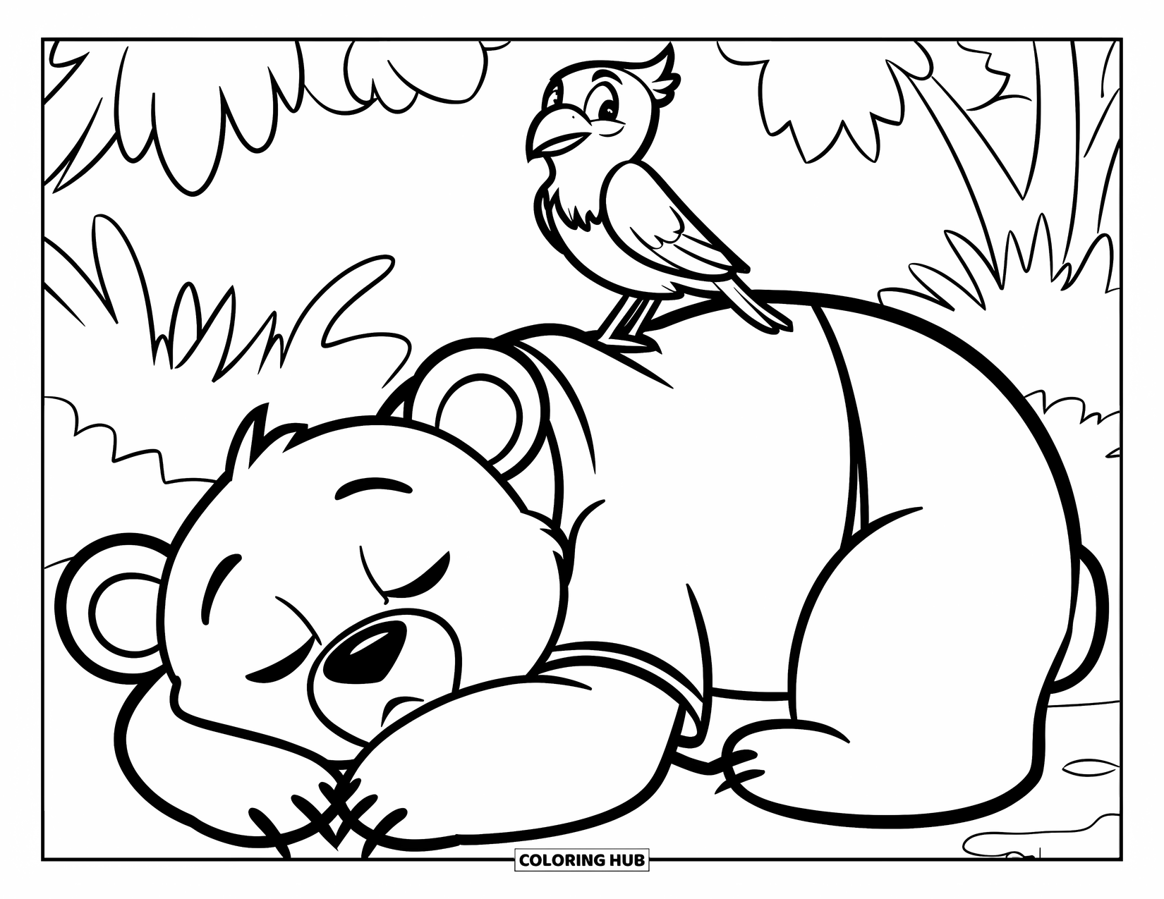 Bear Coloring Page for Kids: A bear sleeps soundly in the grass, with a tiny bird resting on its back