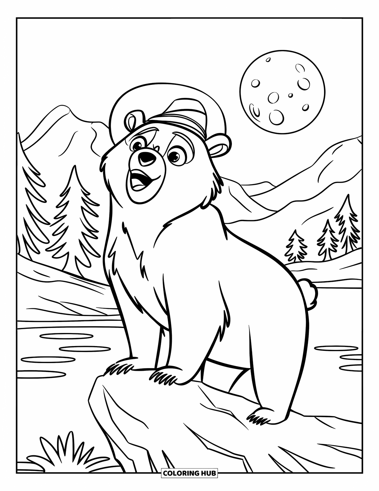Bear Coloring Page for Kids: A bear stands on a rock, howling under a glowing full moon