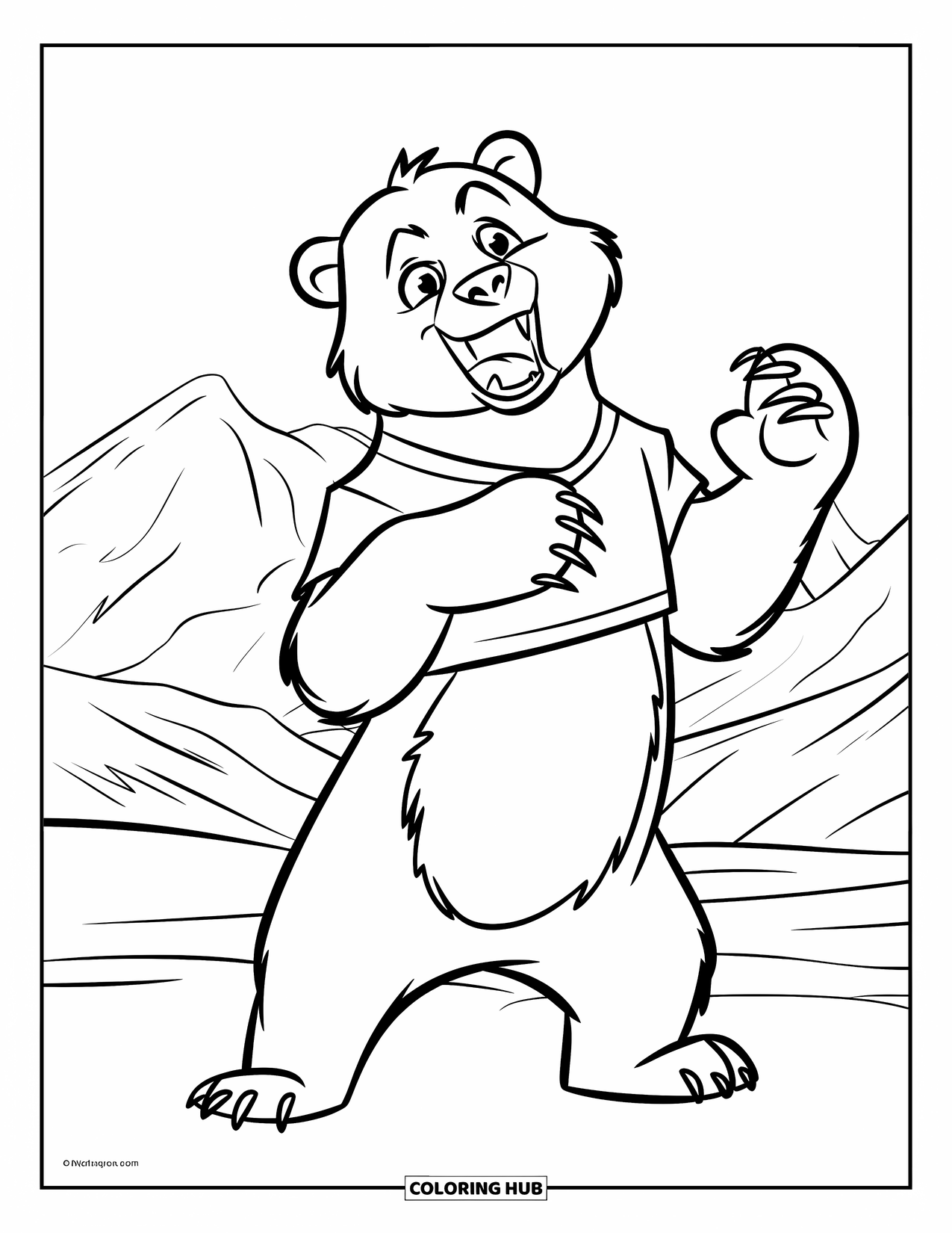 Bear Coloring Page for Kids: A bear stands on its hind legs, letting out a mighty roar