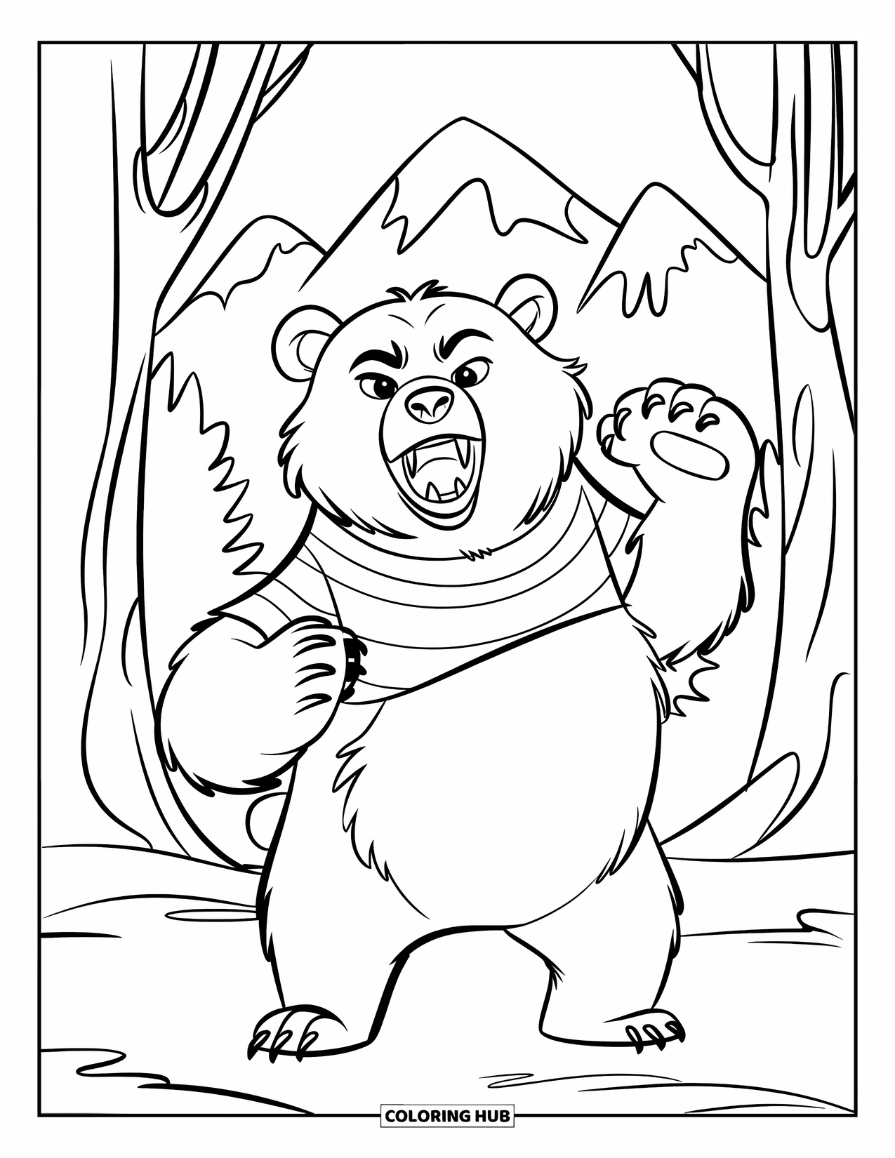 Bear Coloring Page for Kids: A bear stands on its hind legs, roaring amid towering trees and distant mountains