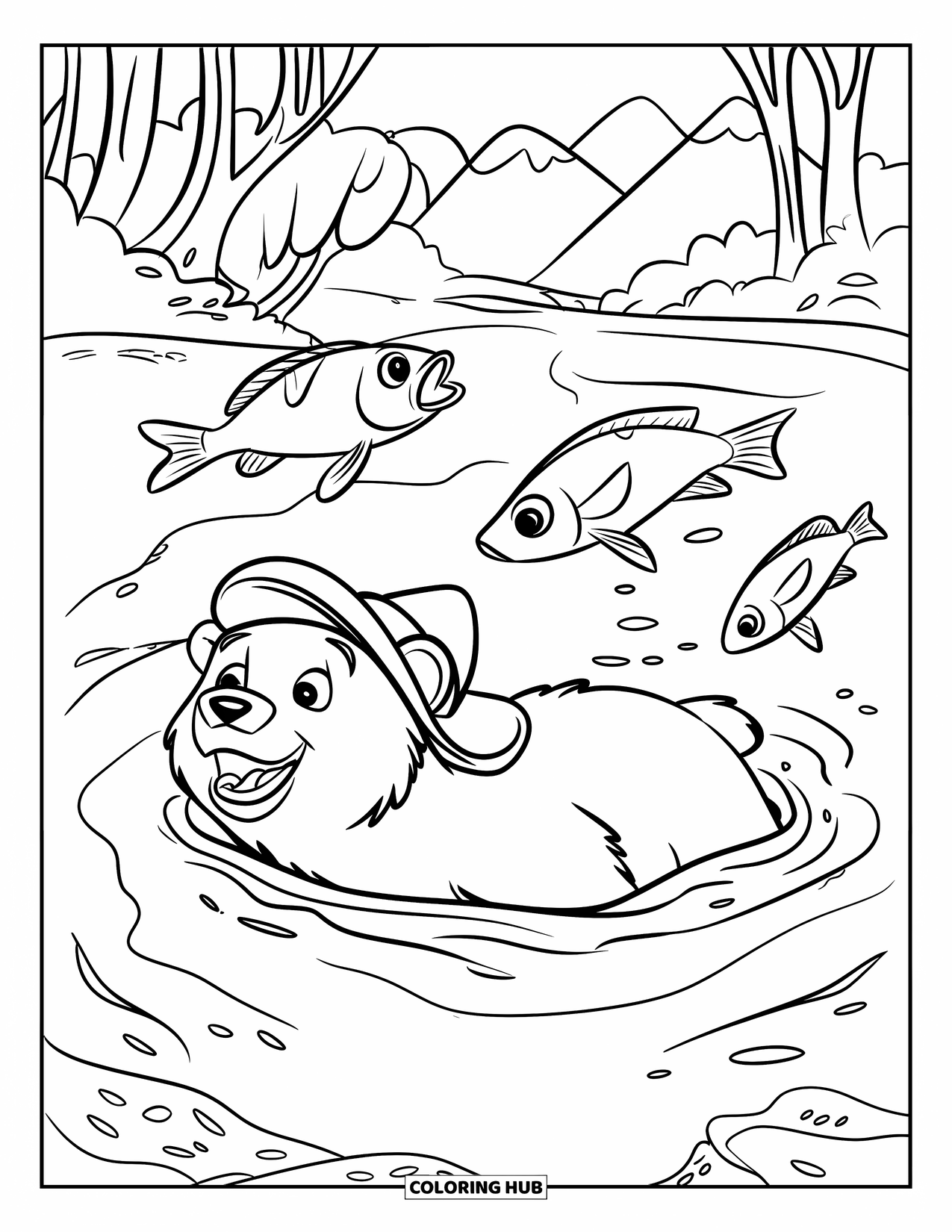 Bear Coloring Page for Kids: A bear swims in a river as three lively fish leap around