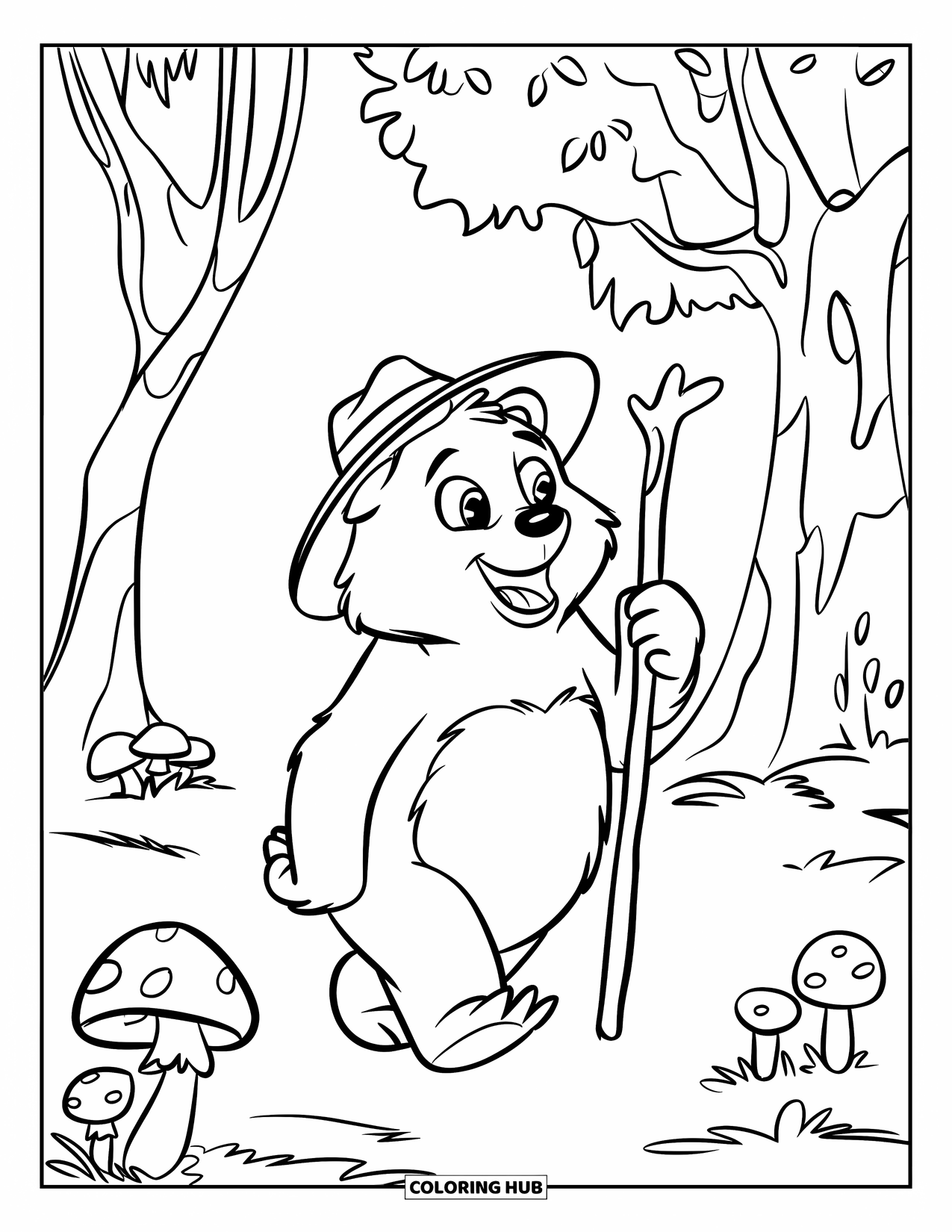Bear Coloring Page for Kids: A bear walks through the forest, carrying a walking stick and wearing a hat
