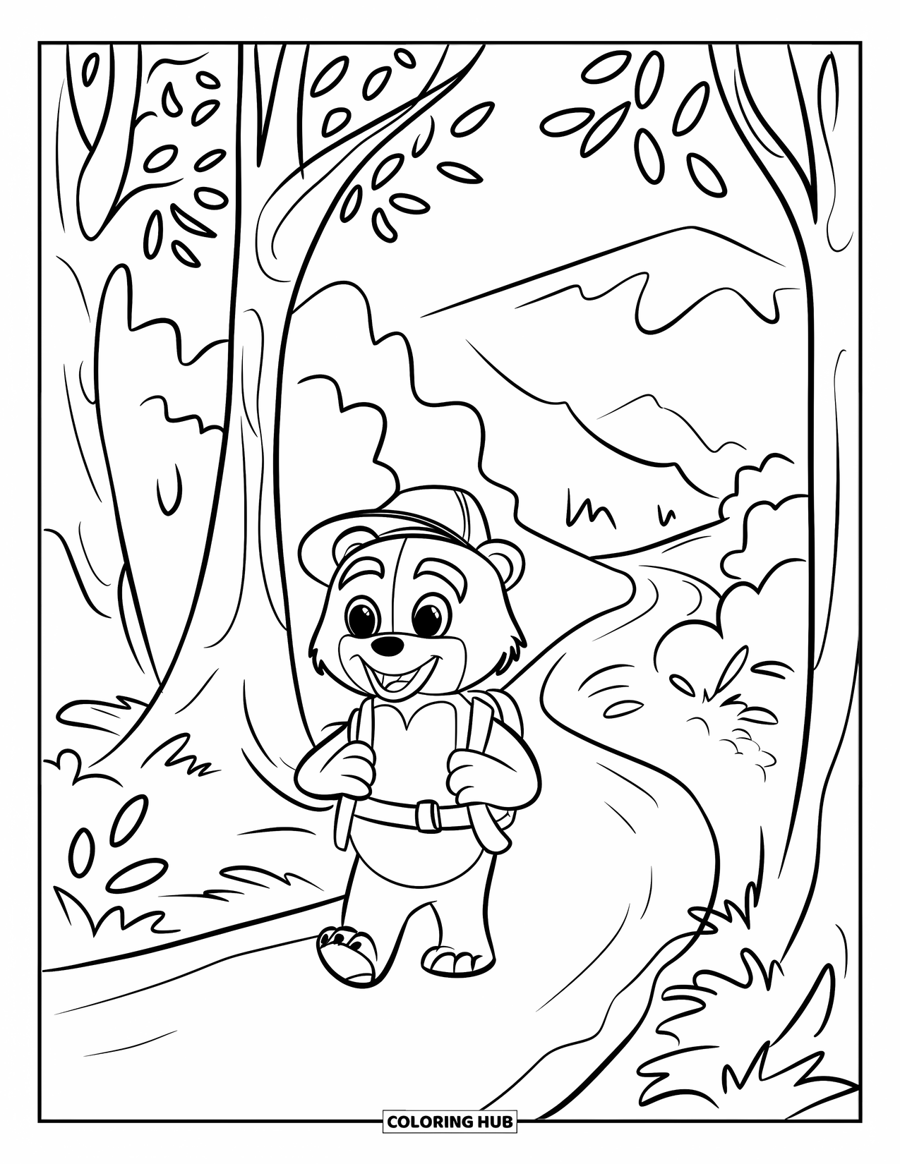 Bear Coloring Page for Kids: A bear with a hat and backpack hikes along a trail surrounded by trees