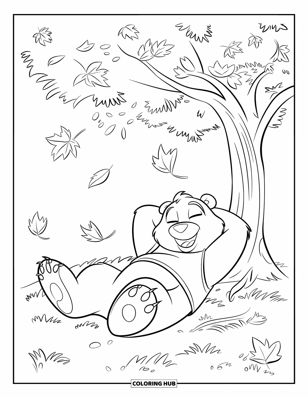 Bear Coloring Page for Kids: A big bear relaxes under a tree as autumn leaves drift around it
