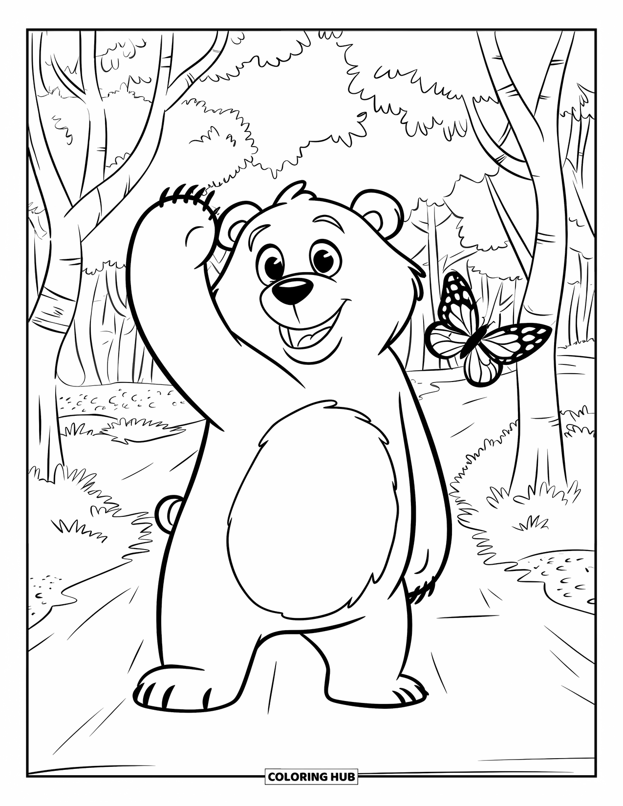Bear Coloring Page for Kids: A big bear waves on a forest path, with trees lining both sides
