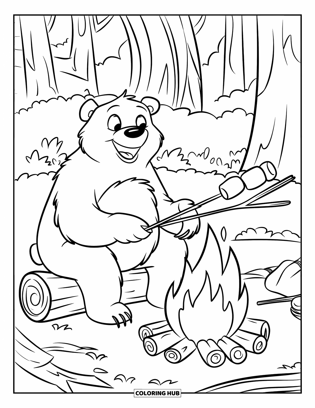 Bear Coloring Page for Kids: A cheerful bear roasts marshmallows on a log beside sticks in a forest