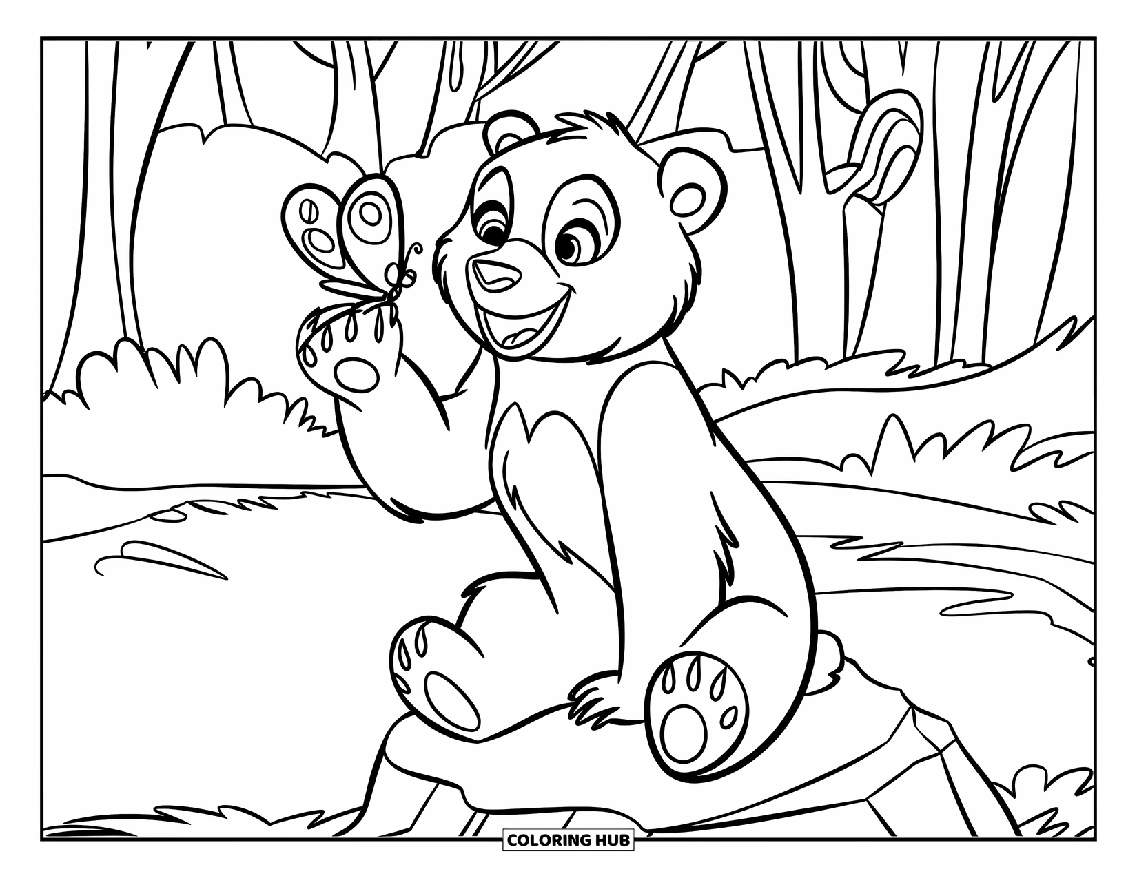 Bear Coloring Page for Kids: A cheerful bear watches a butterfly dance in the air while resting on a rock