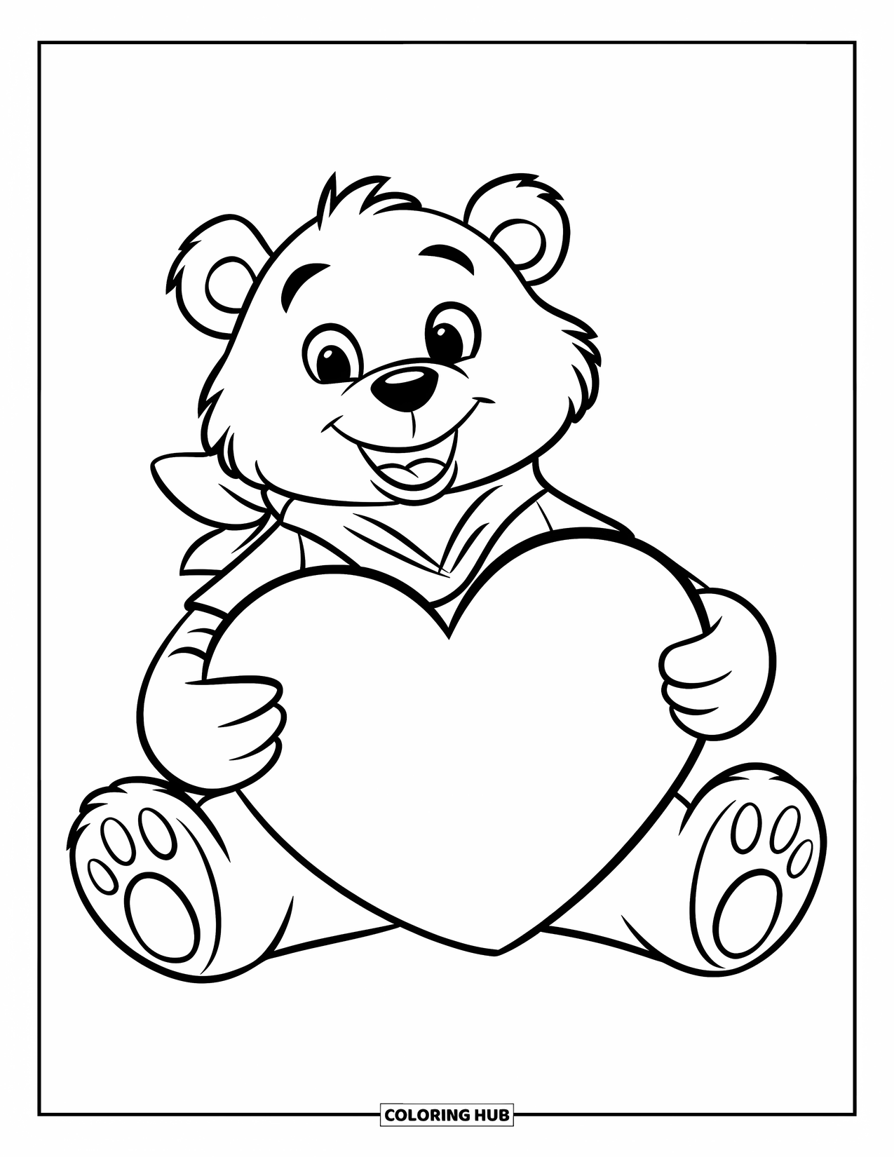Bear Coloring Page for Kids: A cheerful bear wearing a green shirt and red scarf holds a big heart